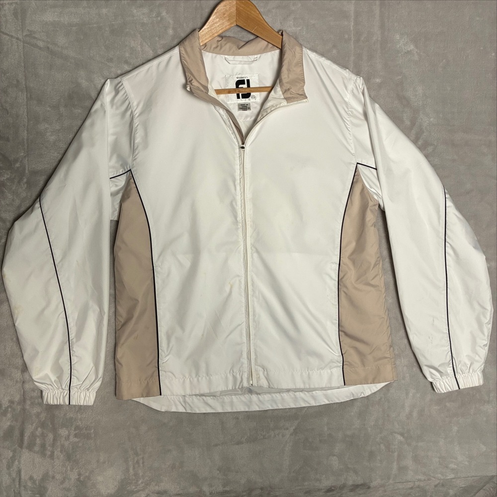 FootJoy FJ Womens Golf Windbreaker Jacket White Tan Full Zip Size Medium